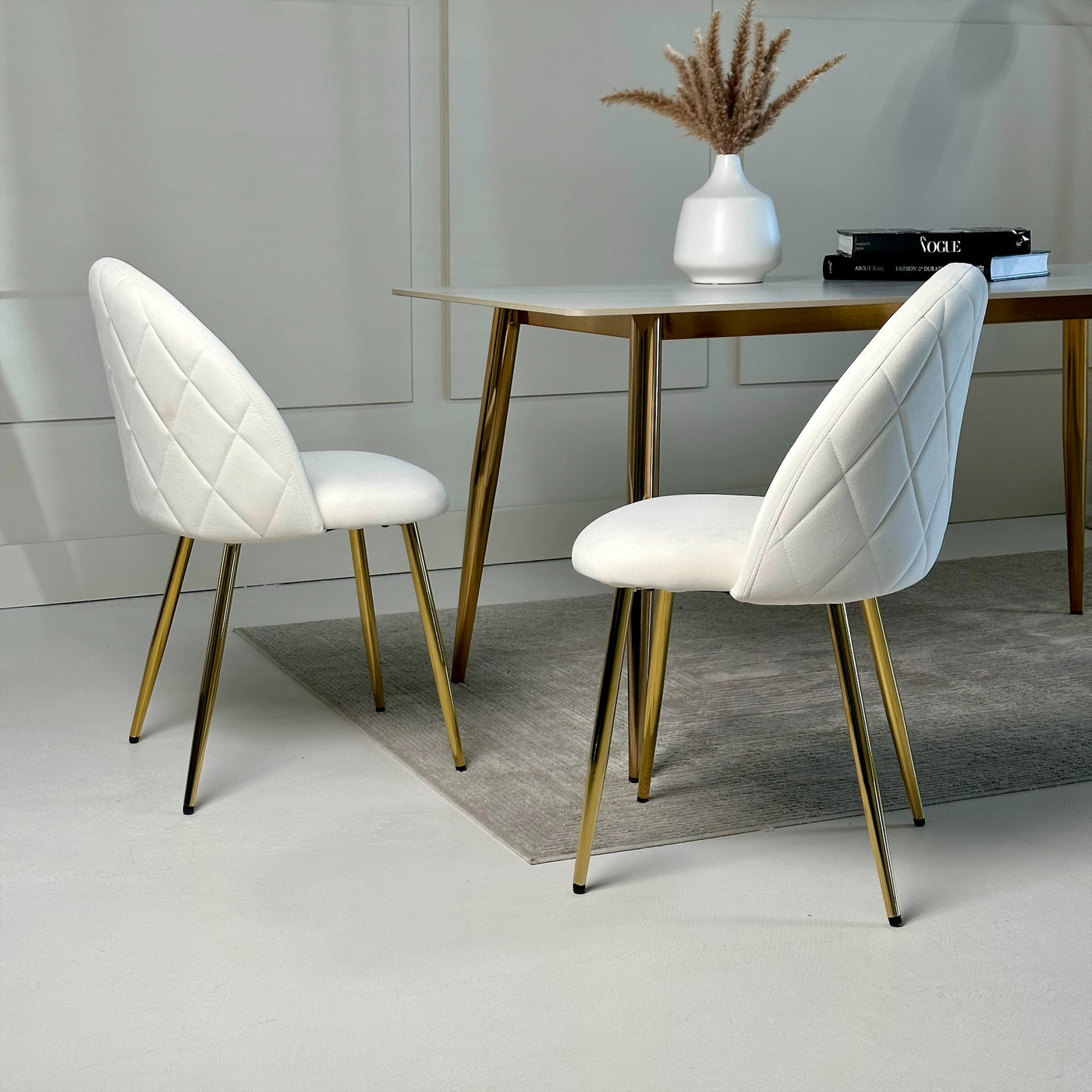 Beige velvet dining chairs with gold legs