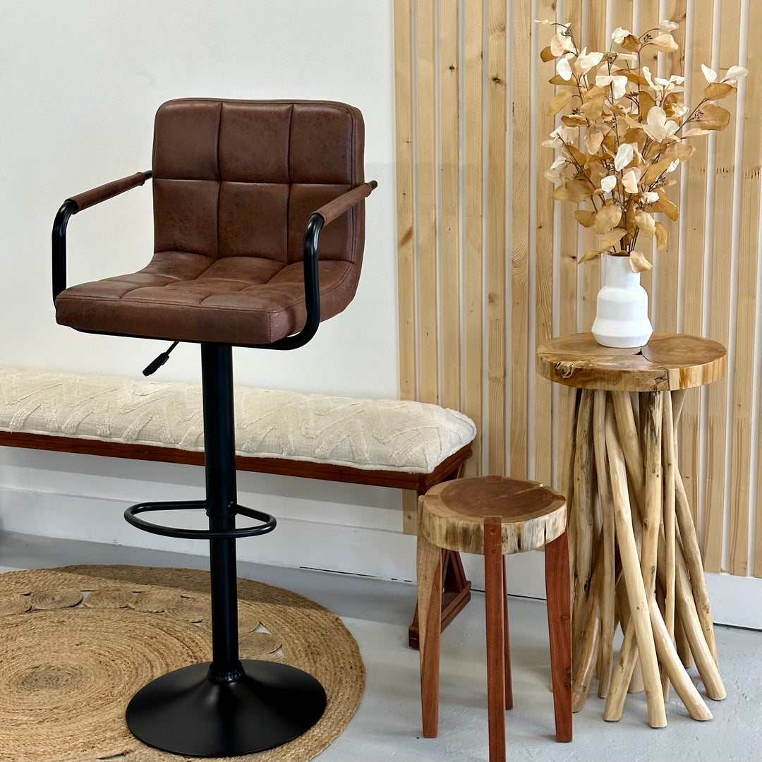 Richard Brown Leather Bar Stool with Black Base | Furniture Planet