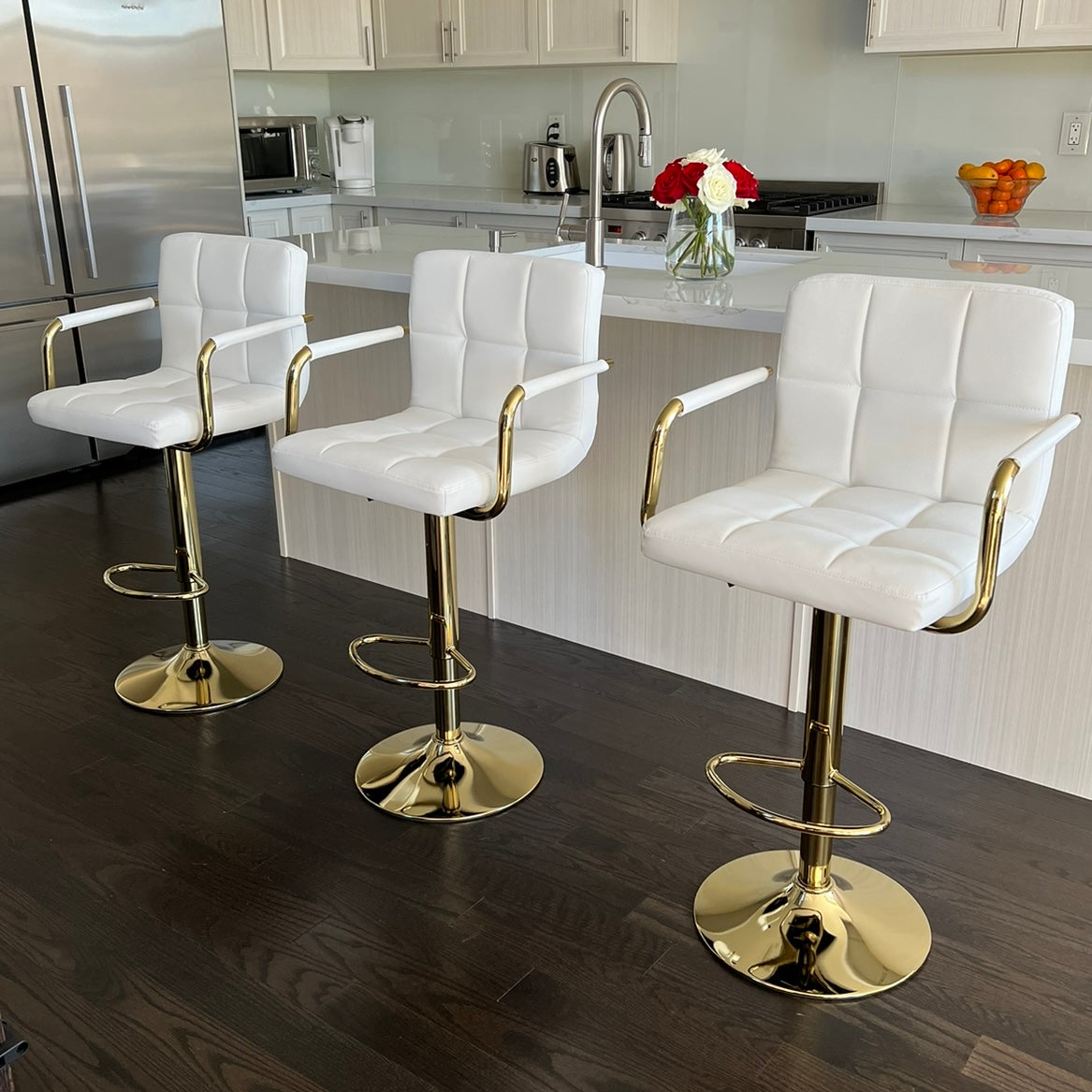 White Leather Bar Stools with Armrest and Gold Base