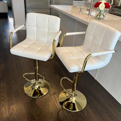White Leather Bar Stools with Armrest and Gold Base
