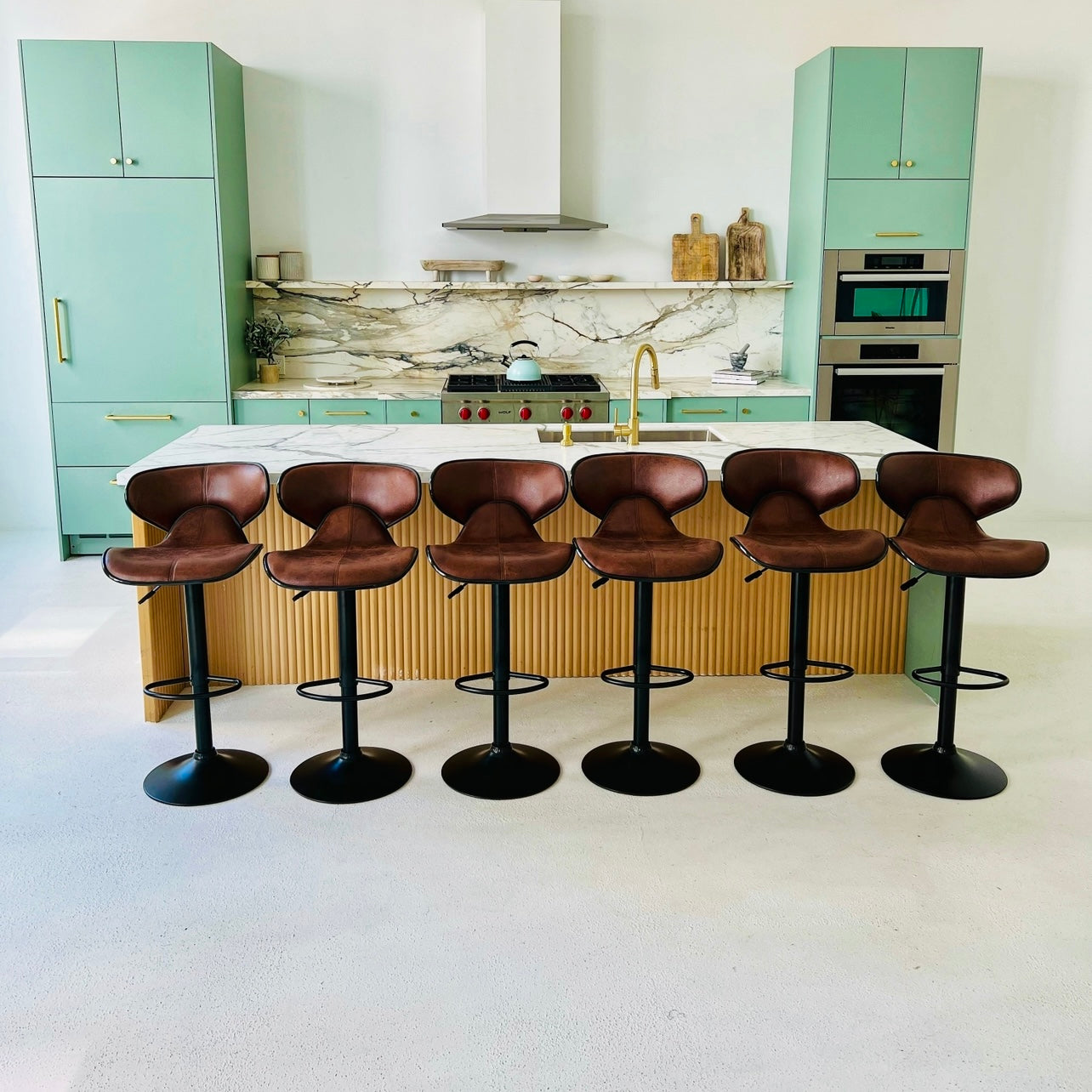 Brown Leather Bar Stools with Black Base